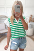 Striped Patchwork Collar V Neck Ruffled Short Sleeve Blouse
