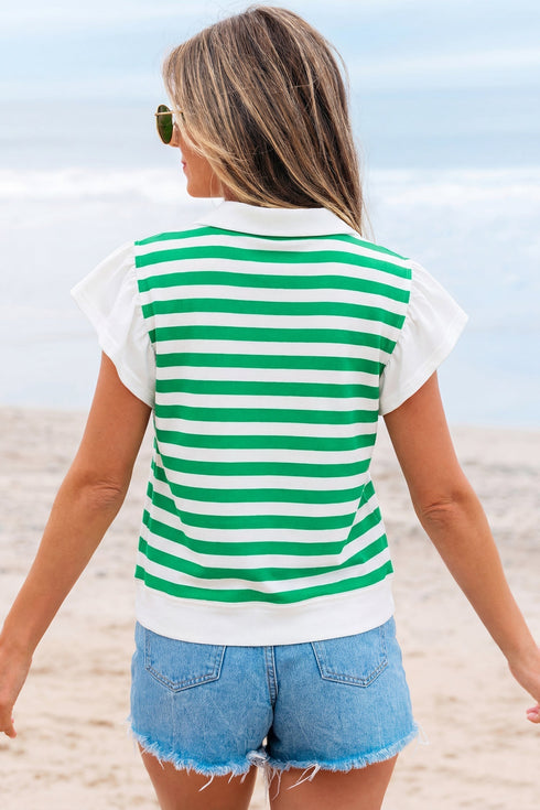 Striped Patchwork Collar V Neck Ruffled Short Sleeve Blouse