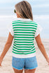 Striped Patchwork Collar V Neck Ruffled Short Sleeve Blouse