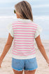 Striped Patchwork Collar V Neck Ruffled Short Sleeve Blouse