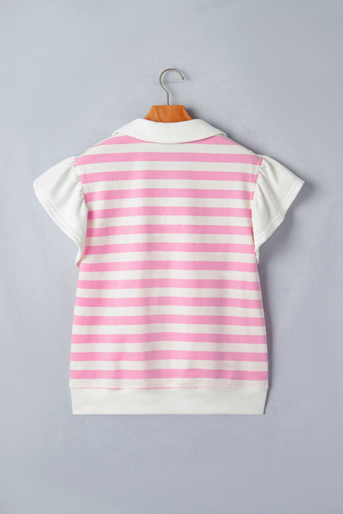 Striped Patchwork Collar V Neck Ruffled Short Sleeve Blouse