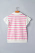 Striped Patchwork Collar V Neck Ruffled Short Sleeve Blouse