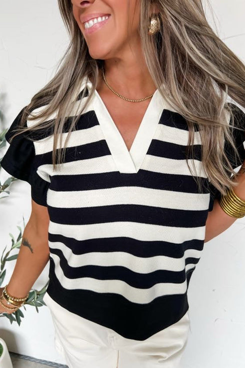 Striped Patchwork Collar V Neck Ruffled Short Sleeve Blouse