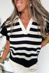 Striped Patchwork Collar V Neck Ruffled Short Sleeve Blouse