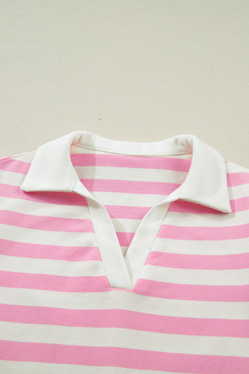 Striped Patchwork Collar V Neck Ruffled Short Sleeve Blouse