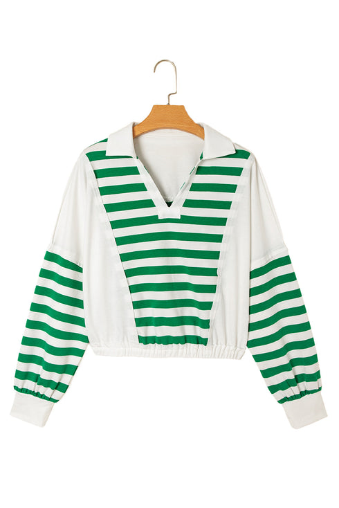 Striped Patchwork Collared V Neck Knit Pullover