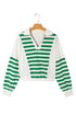 Striped Patchwork Collared V Neck Knit Pullover