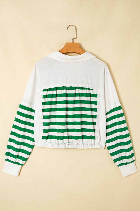 Striped Patchwork Collared V Neck Knit Pullover