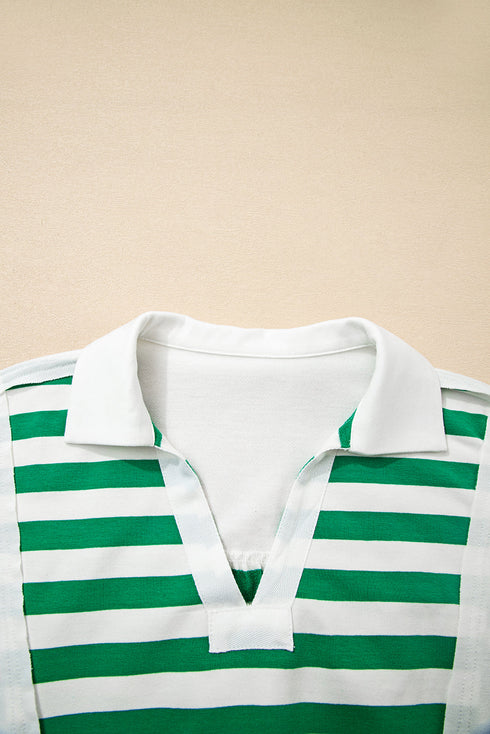 Striped Patchwork Collared V Neck Knit Pullover