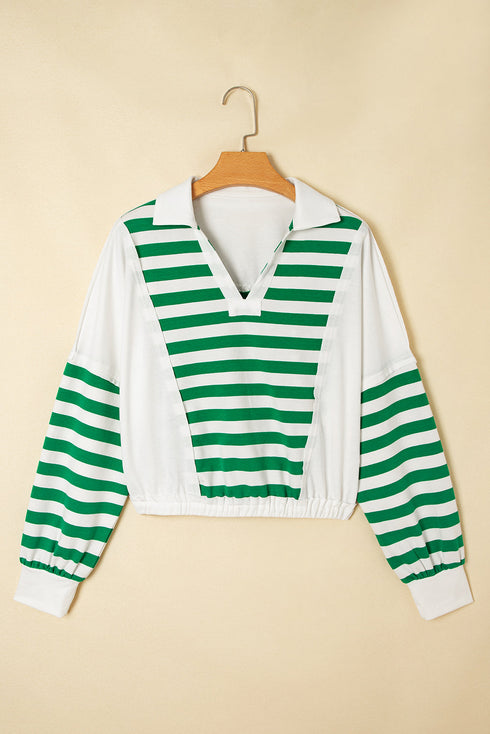 Striped Patchwork Collared V Neck Knit Pullover