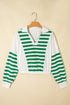 Striped Patchwork Collared V Neck Knit Pullover