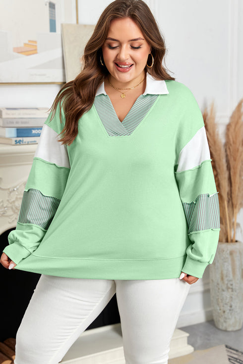 Striped Patchwork Collared V Neck Pullover Sweatshirt
