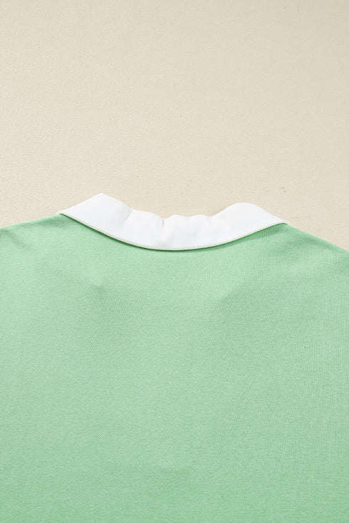Striped Patchwork Collared V Neck Pullover Sweatshirt