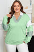 Striped Patchwork Collared V Neck Pullover Sweatshirt