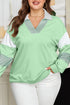 Striped Patchwork Collared V Neck Pullover Sweatshirt