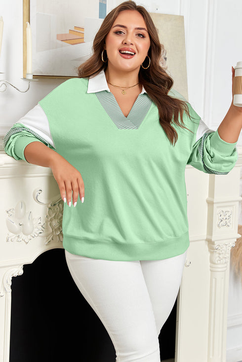 Striped Patchwork Collared V Neck Pullover Sweatshirt