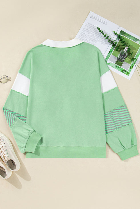 Striped Patchwork Collared V Neck Pullover Sweatshirt