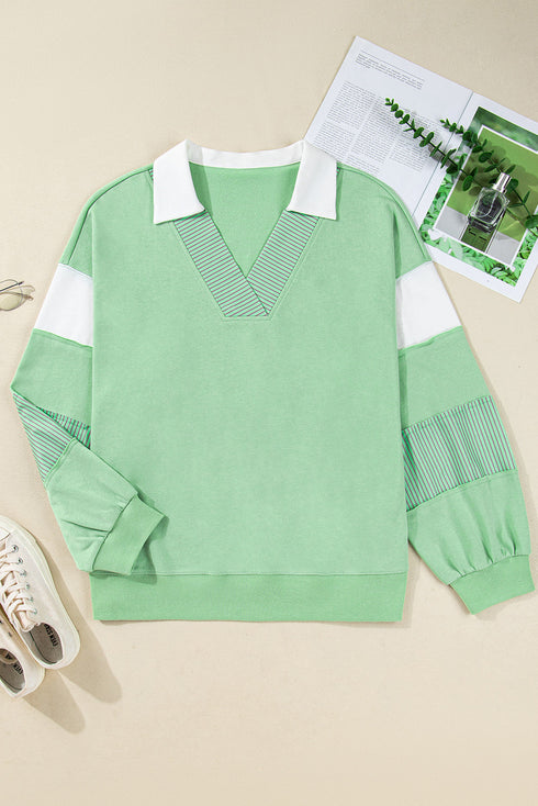 Striped Patchwork Collared V Neck Pullover Sweatshirt