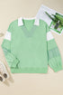 Striped Patchwork Collared V Neck Pullover Sweatshirt