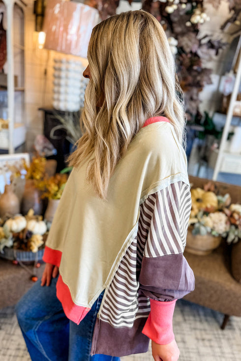 Striped Patchwork Color Block Dolman Slit Sweatshirt