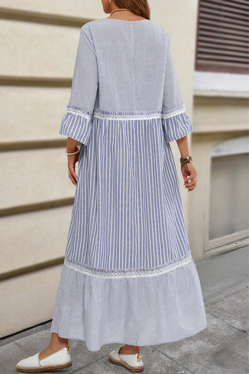 Striped Patchwork Crossed Lace Bracelet Sleeve Maxi Dress