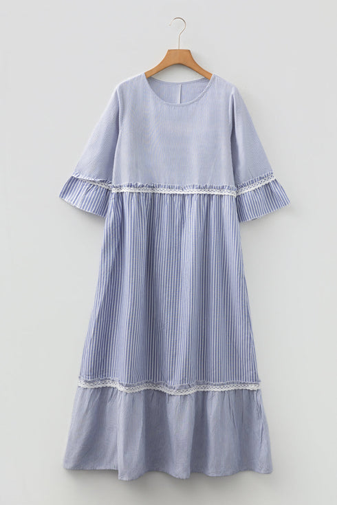 Striped Patchwork Crossed Lace Bracelet Sleeve Maxi Dress