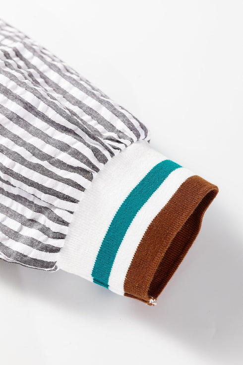 Striped Patchwork Detail Split Neck Long Sleeve Blouse