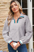 Striped Patchwork Detail Split Neck Long Sleeve Blouse