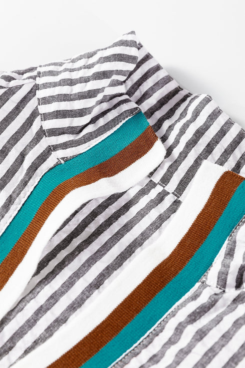 Striped Patchwork Detail Split Neck Long Sleeve Blouse