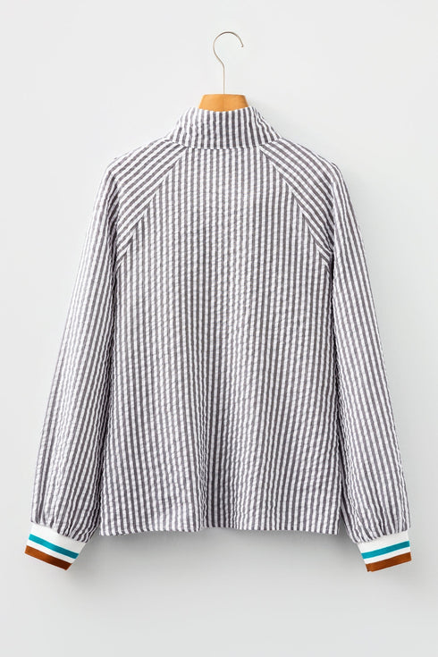 Striped Patchwork Detail Split Neck Long Sleeve Blouse
