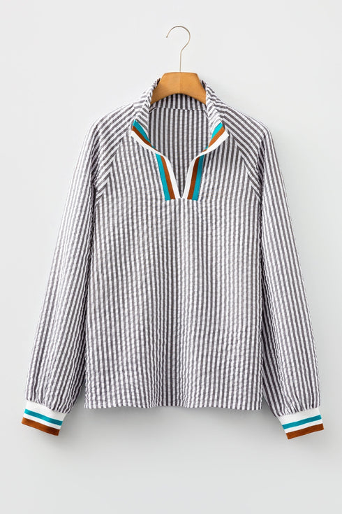 Striped Patchwork Detail Split Neck Long Sleeve Blouse