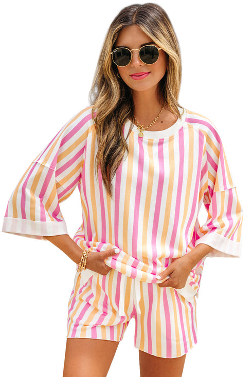 Striped Patchwork Drop Shoulder Half Sleeve Loose Short Sets