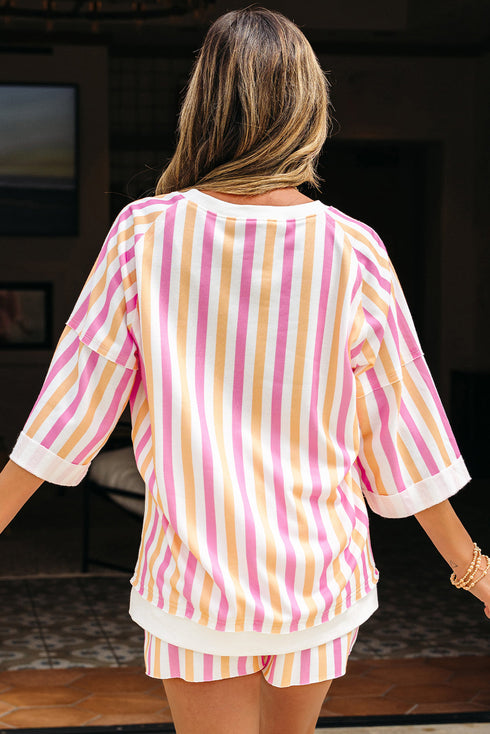Striped Patchwork Drop Shoulder Half Sleeve Loose Short Sets