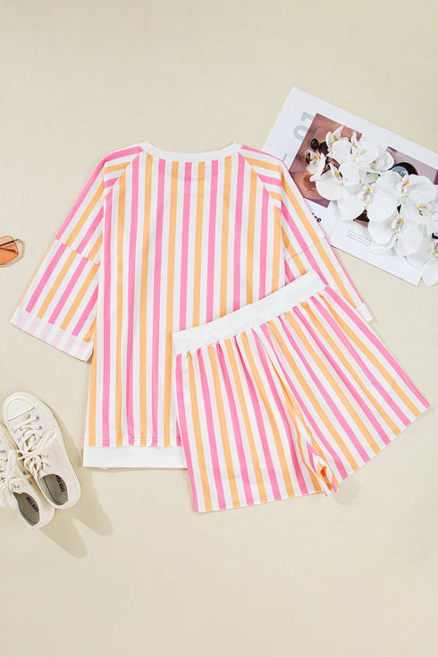 Striped Patchwork Drop Shoulder Half Sleeve Loose Short Sets