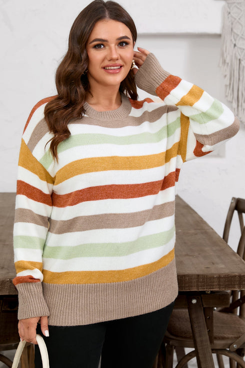Striped Patchwork Drop Shoulder Plus Size Sweater