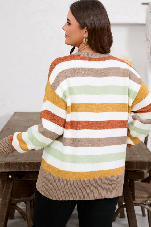 Striped Patchwork Drop Shoulder Plus Size Sweater