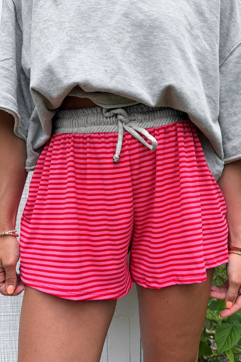 Striped Patchwork Elastic Waist Ribbed Casual Shorts