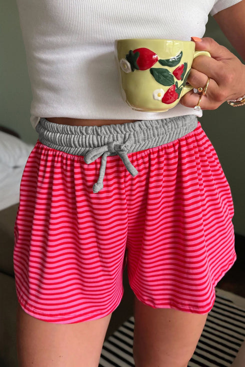 Striped Patchwork Elastic Waist Ribbed Casual Shorts