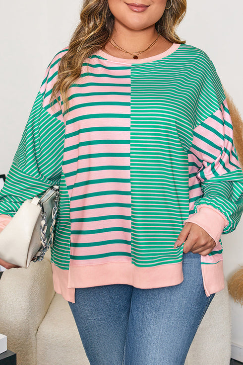 Striped Patchwork Exposed Seam Side Slit Pullover Sweatshirt