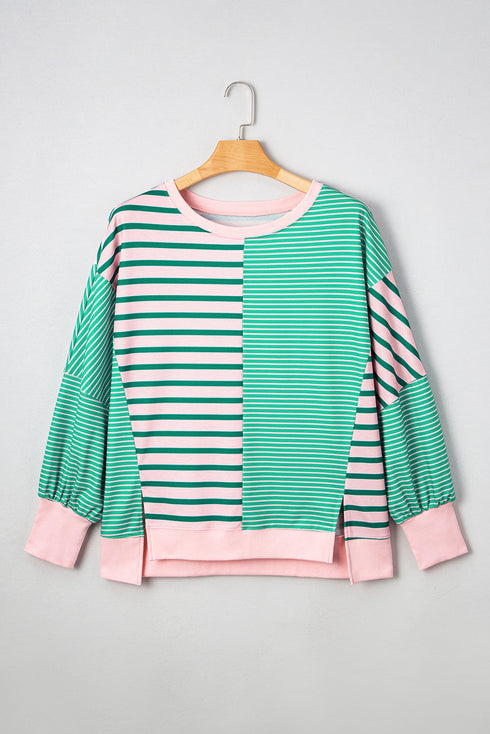Striped Patchwork Exposed Seam Side Slit Pullover Sweatshirt