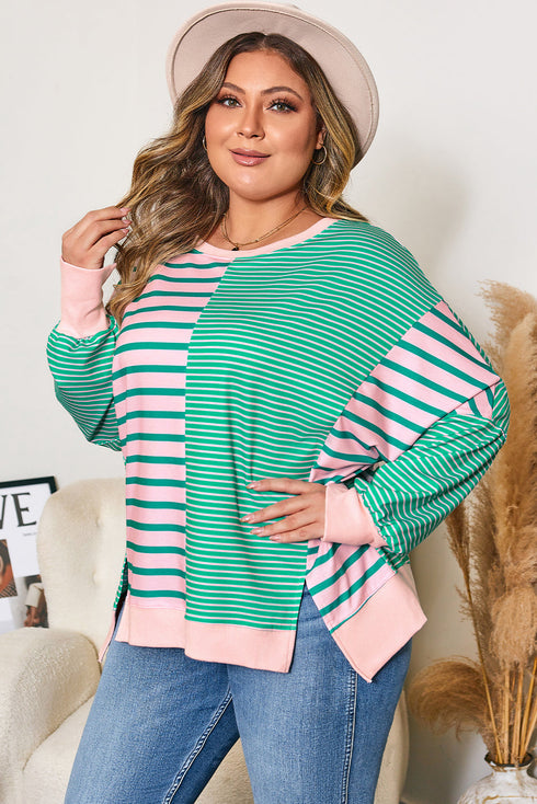 Striped Patchwork Exposed Seam Side Slit Pullover Sweatshirt
