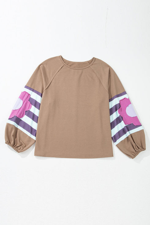 Striped Patchwork Floral Applique Voluminous Puff Sleeve Sweatshirt