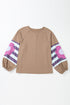 Striped Patchwork Floral Applique Voluminous Puff Sleeve Sweatshirt