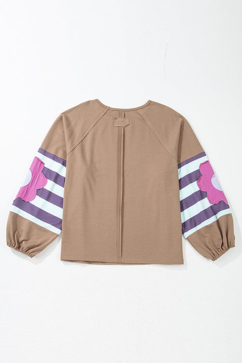 Striped Patchwork Floral Applique Voluminous Puff Sleeve Sweatshirt