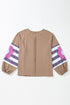 Striped Patchwork Floral Applique Voluminous Puff Sleeve Sweatshirt