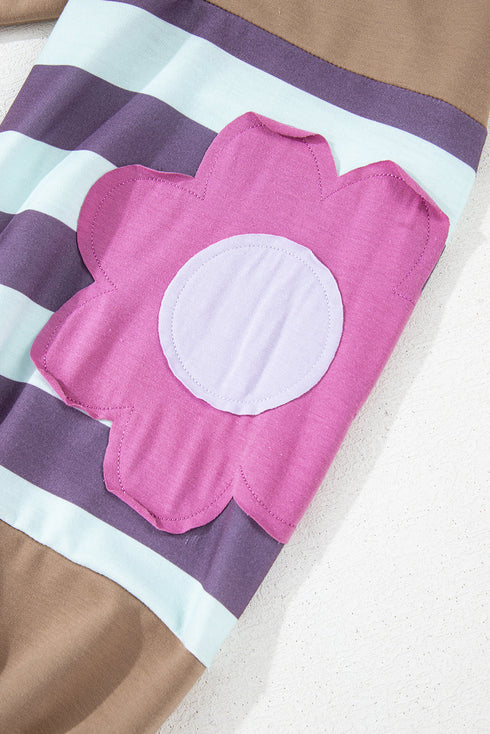 Striped Patchwork Floral Applique Voluminous Puff Sleeve Sweatshirt