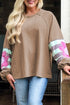 Striped Patchwork Floral Applique Voluminous Puff Sleeve Sweatshirt