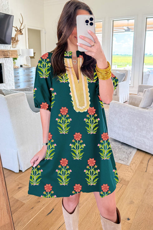 Striped Patchwork Floral Print Rick Rack Short Sleeve Dress