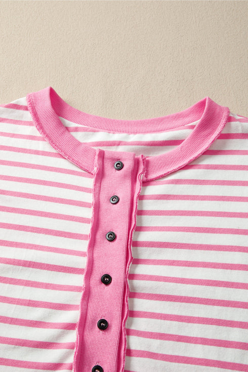 Striped Patchwork Half Placket High Low Short Sleeve Top