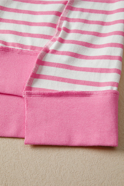 Striped Patchwork Half Placket High Low Short Sleeve Top